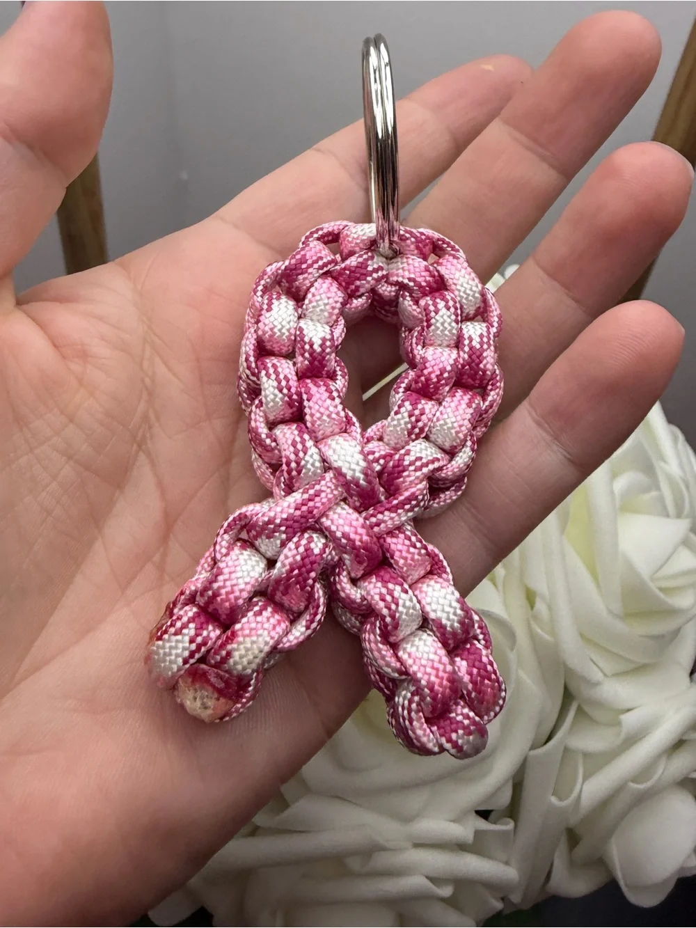 Pink & White Braided Paracord Ribbon Keychain
